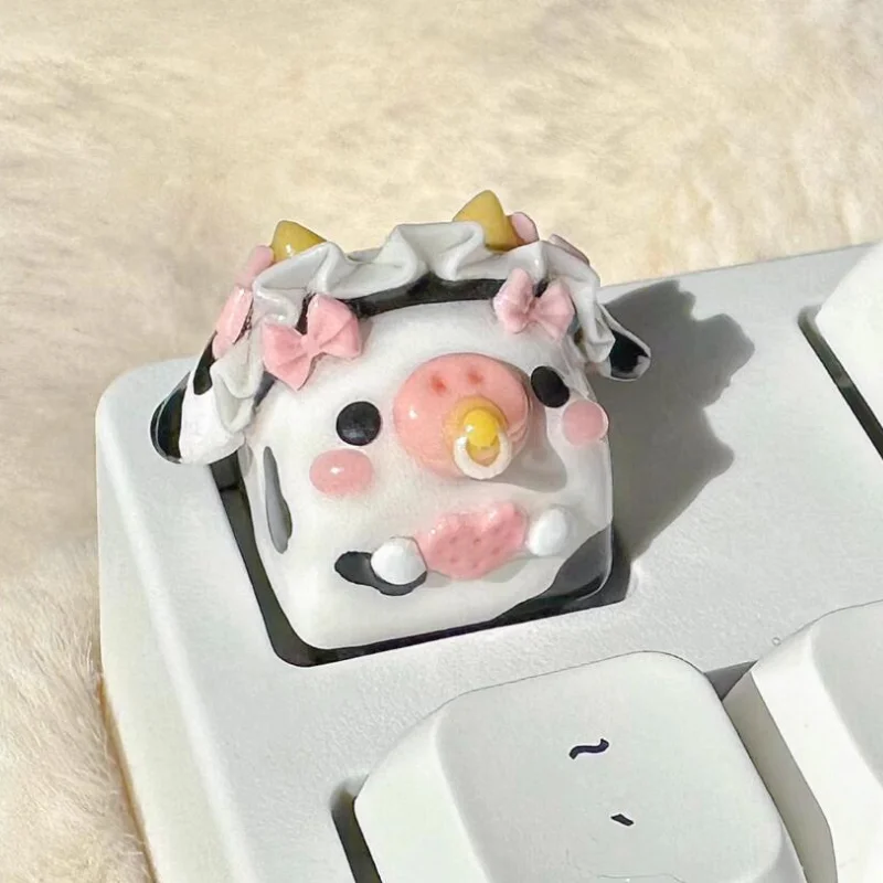 MiFuny Cute Cookie House Keycaps Maid Cow Custom Clay Artisan Keyboard Caps for Mechanical Keyboard Gaming Accessories GIrl Gift