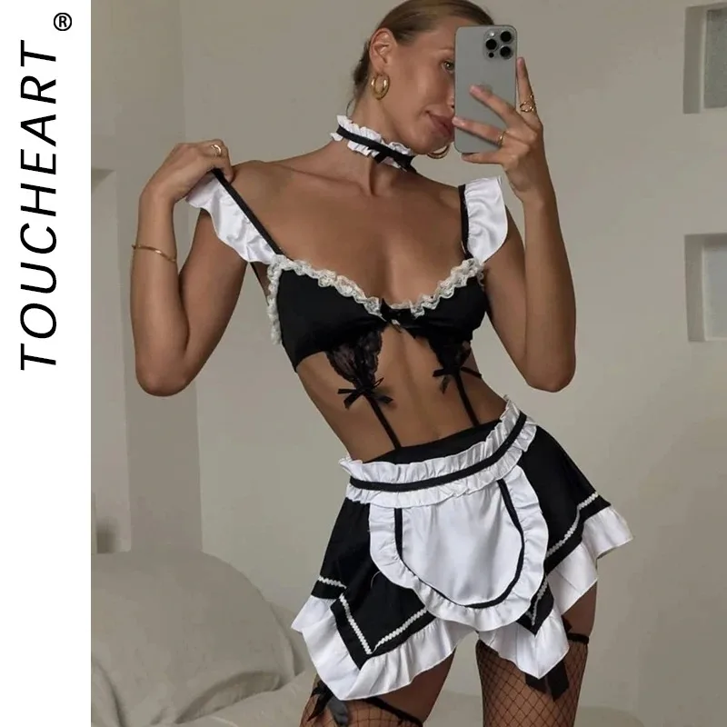 

Toucheart Women Sexy Lace Bow Knot Ace Up Interesting COS Maid Outfit Slim High Waisted Patchwork Mesh Sexy Girl Maid Outfit