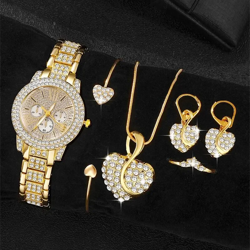 

Luxury Gold Quartz Watch for Women, Jewelry Set, Ring, Necklace, Earrings, Rhinestone, Casual Fashion