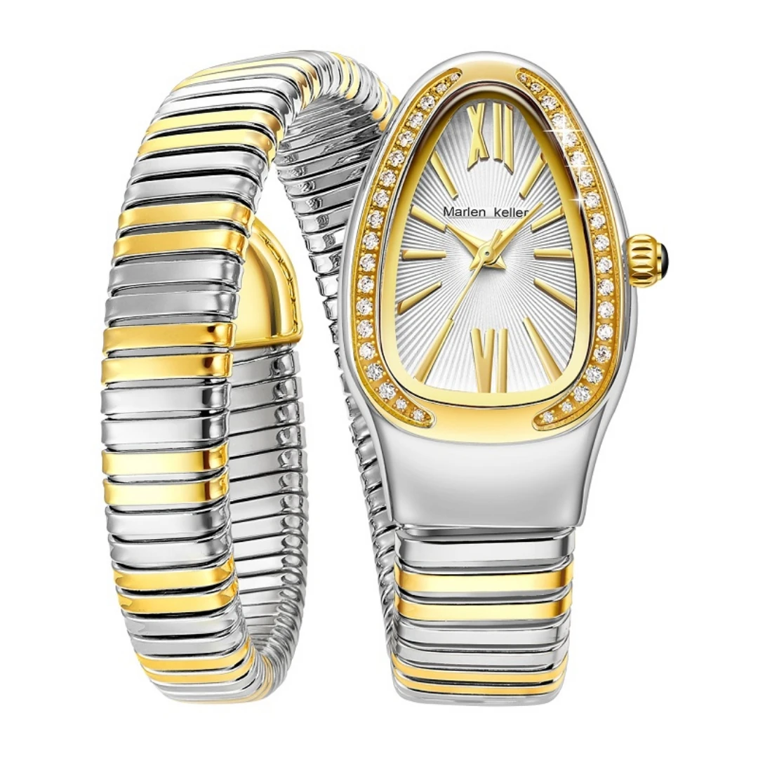 Marlen Keller นาฬิกาควอทซ์หรูหราพร้อมพลอยเทียมรูปงูนาฬิกาข้อมือยอดนิยมสำหรับสุภาพสตรีแฟชั่น