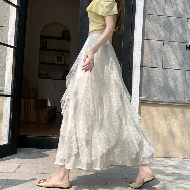 Irregular Lace Half Skirt Women's New Style Cake Skirt Flounce Insert Wave Skirt High Waist A-Line Loose Fit Breathable Skin-...