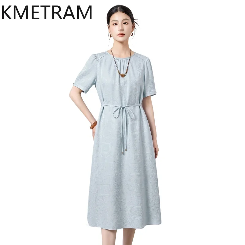 

KMETRAM 100% Natural Mulberry Silk Dresses for Women Blue Jacquard Midi Dress Summer Casual Frocks Woman Clothes 2026 ropa mujer