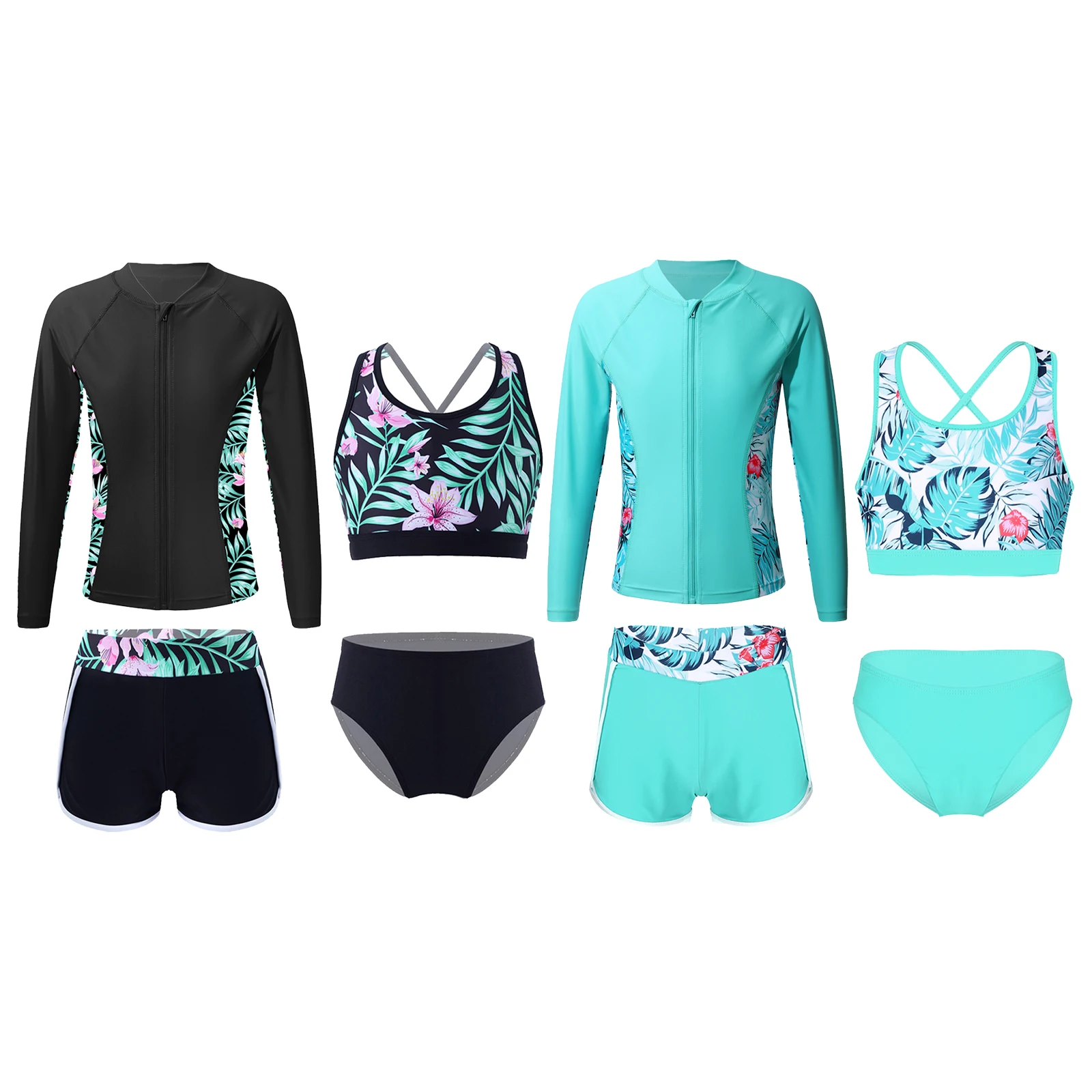 Kids Girls 4 Pcs Upf 50+ Swim Cover Up Sets Long Sleeve Zip Up Rashguard Shirts Tankini Bra Brief with Shorts Athletic Swimsuit