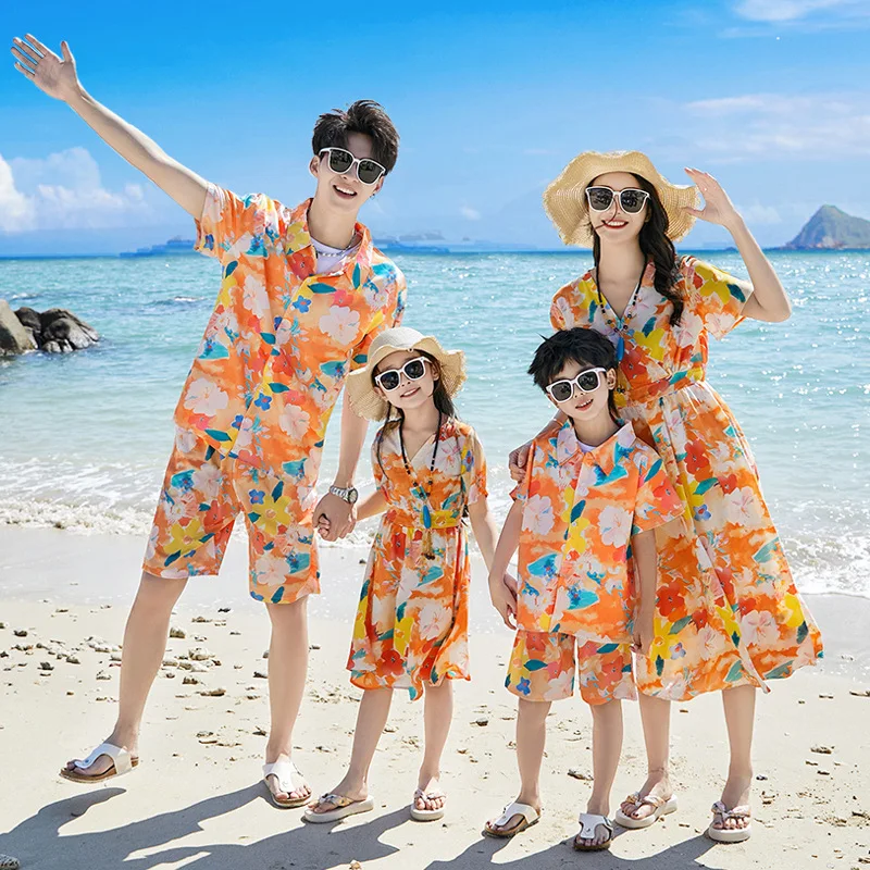 Holiday Parents Children Beach Clothes Vacation Family Brother Sister Matching Clothing Mom Daughter Dress Dad Son Shirts Sets