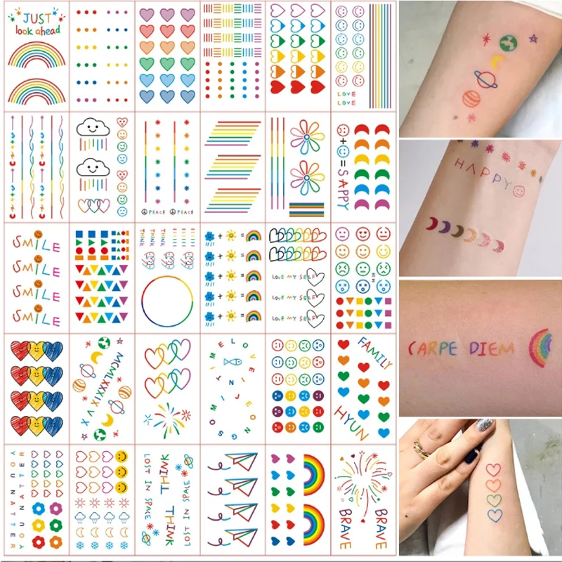 30pcs Dazzling Elegant Style Tattoo Stickers For Girls Personalized Smiling Face Cute Rainbow Line Small And Fresh Tattoo