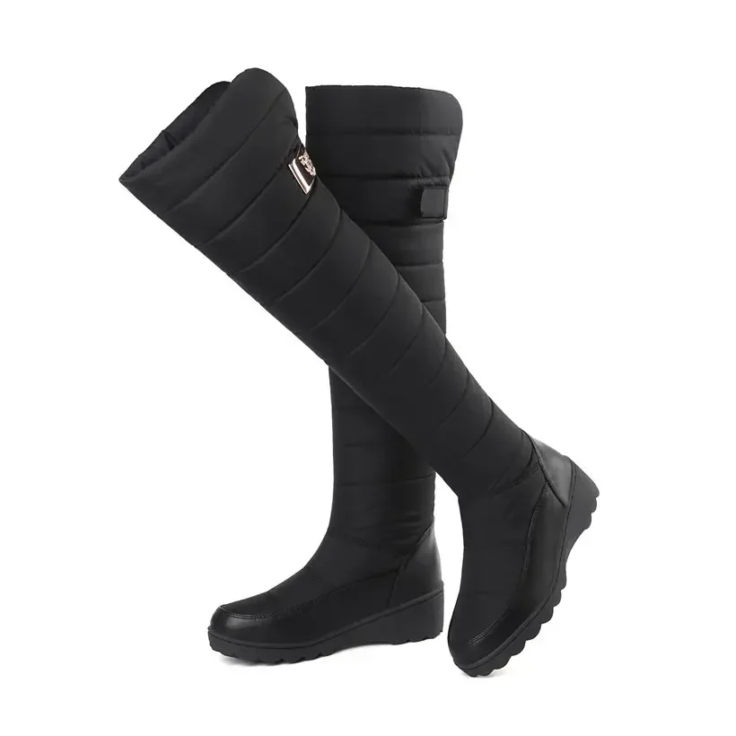 2024 Winter Women Thigh High Snow Boots Blue Waterproof Down Round Toe Lady Wedge Platform Fur Badge Over the Knee Riding Boots