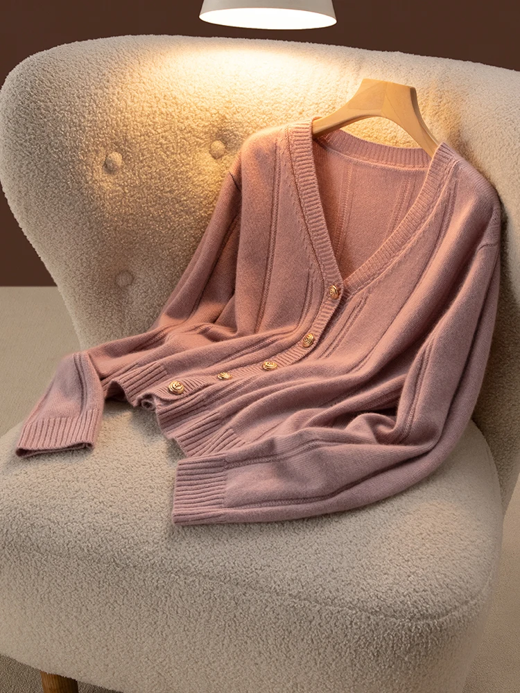 High Quality Women's V-neck Cashmere Cardigan Office Lady Wool Sweater Spring Autumn Winter 100% Merino Wool Knitwear Shirt