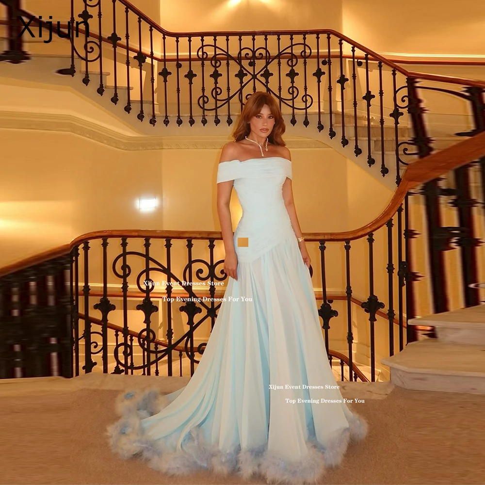 

Xijun Gogerous Mint Feather Evening Dresses Off The Shoulder A-Line Long Prom Dresses Formal Occasion Pleated Prom Gowns Custom