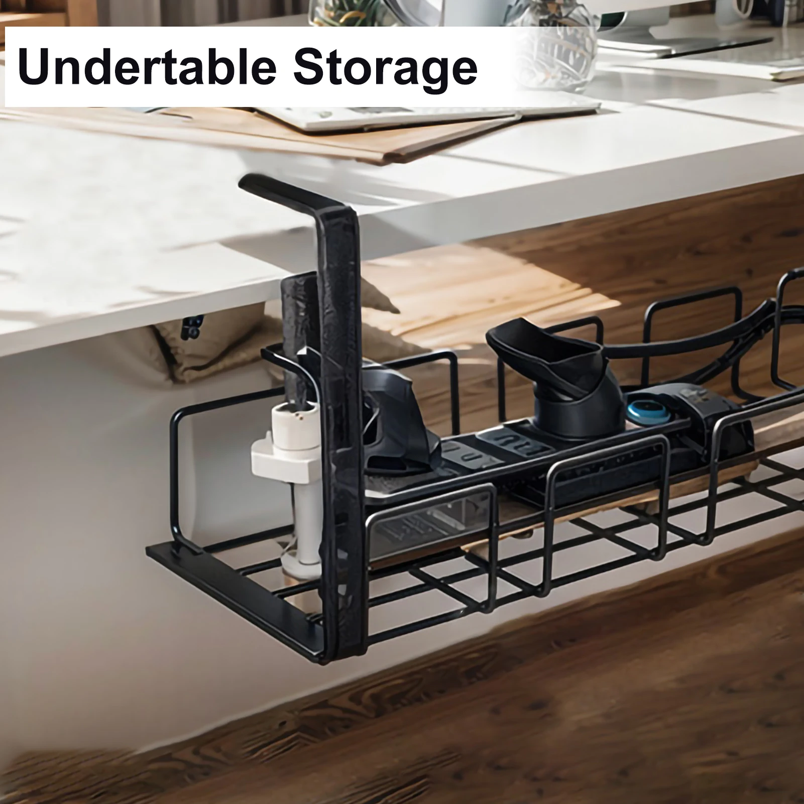 Under Table Storage Rack Metal Cable Management Tray Home Office Desk Wire Organizer No Punching Kitchen Storage Accessories