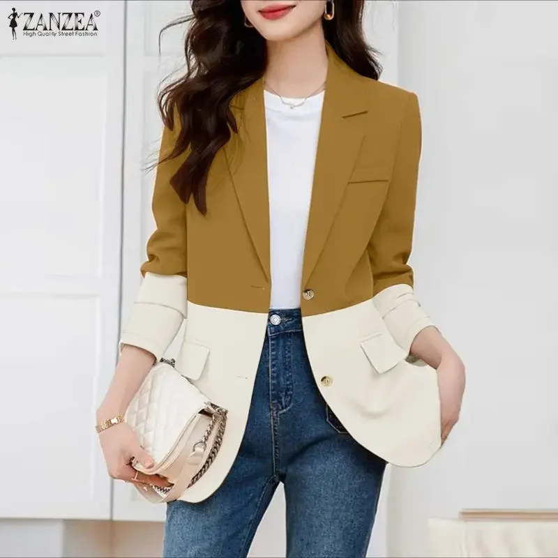 

Женский блейзер ZANZEA с контрастными цветами, элегантный пиджак с вырезом, длинными рукавами и пуговицами, легкое пальто для женщин на весну и осень, размер 3XL