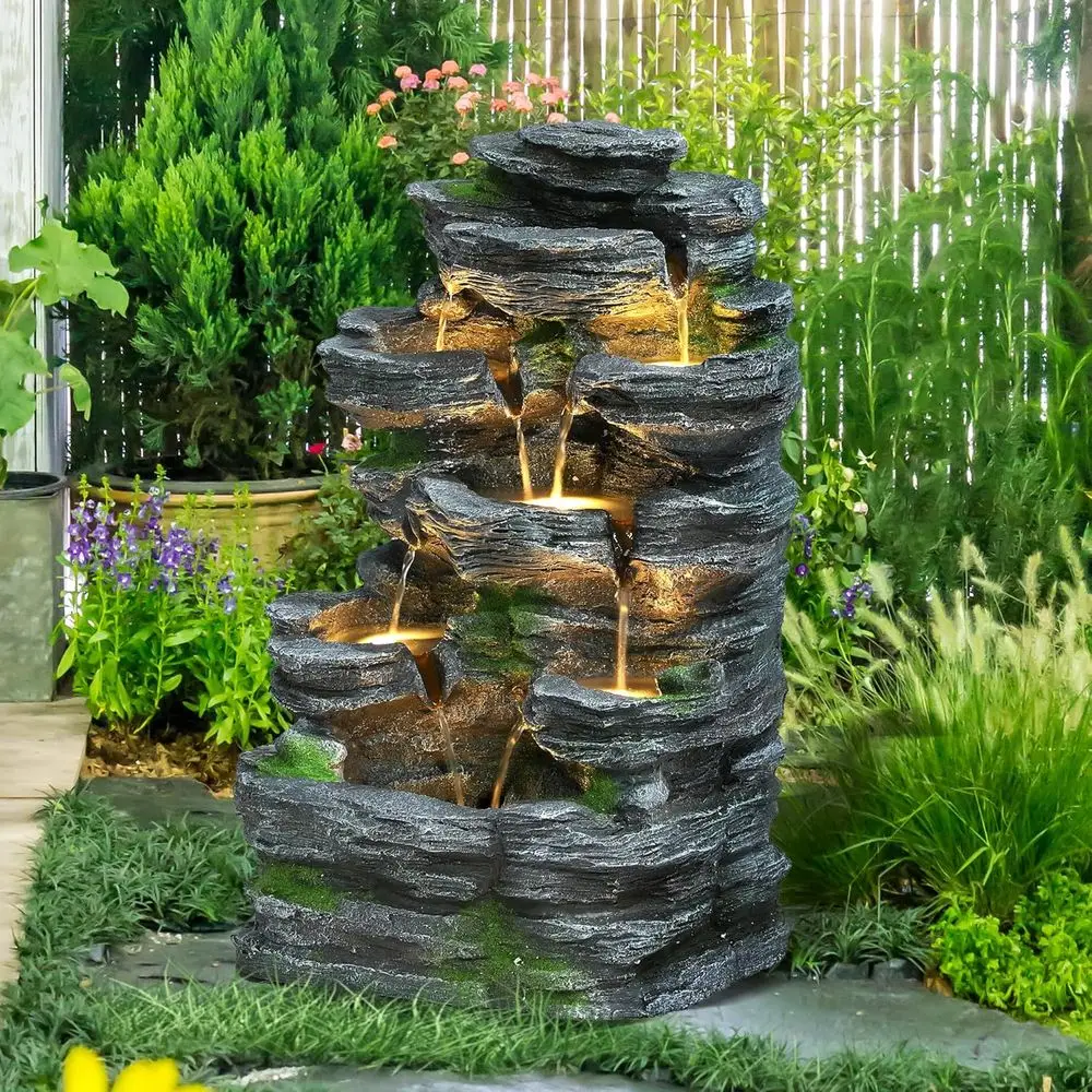

7-ярусный уличный садовый фонтан-водопад с LED-подсветкой, подходит для патио, террасы и заднего двора