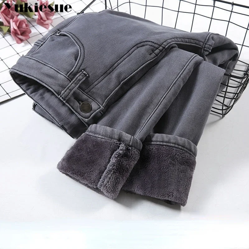 

Winter Thick Fleece Warm skinny mom pencil pants Jeans Women High waist casual streetwear female blue denim trousers clothe