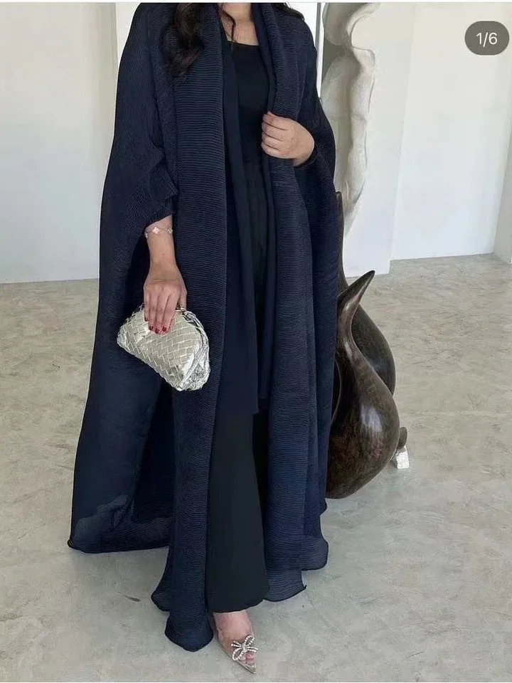 

Muslim Abaya for Women Bat Sleeve Pleated Cardigan Trench Coat Solid Turn Down Collar Dubai Abayas Plus Size Women's Luxury Coat