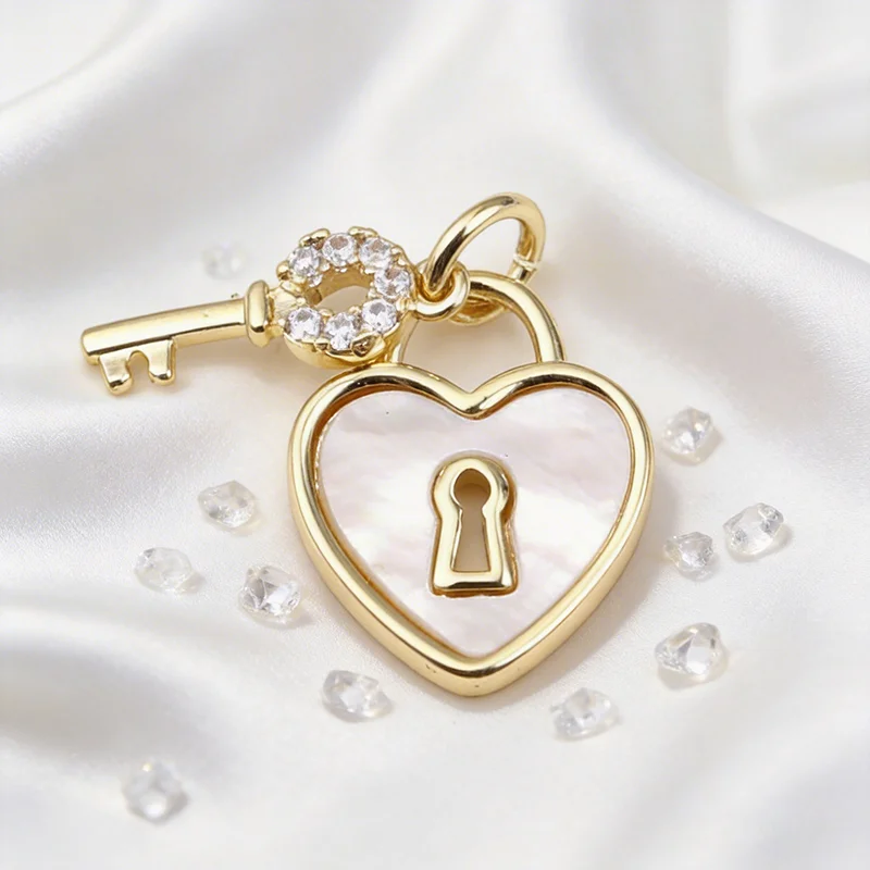 Sweet Copper Charms Gold Color Metal White Heart Key Clear Rhinestone Pendants DIY Making Necklace Jewelry 12mm x 10mm,1Piece