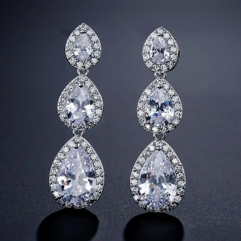 ZAKOL Classic 3 Pcs Big Water Drop Zircon Long Dangle Earrings for Women Elegant Wedding Party Jewelry