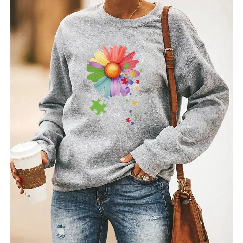 Estética feminina pequena margarida impressão manga longa crewneck hoodie senhora moletom confortável moda camisolas roupas