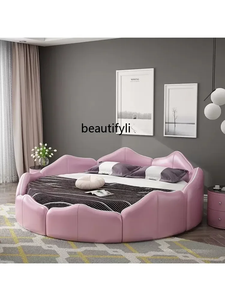 Genuine Leather Large round Double Master Bedroom Marriage Bed Hotel Creative Modeling Bed Irregular Bed