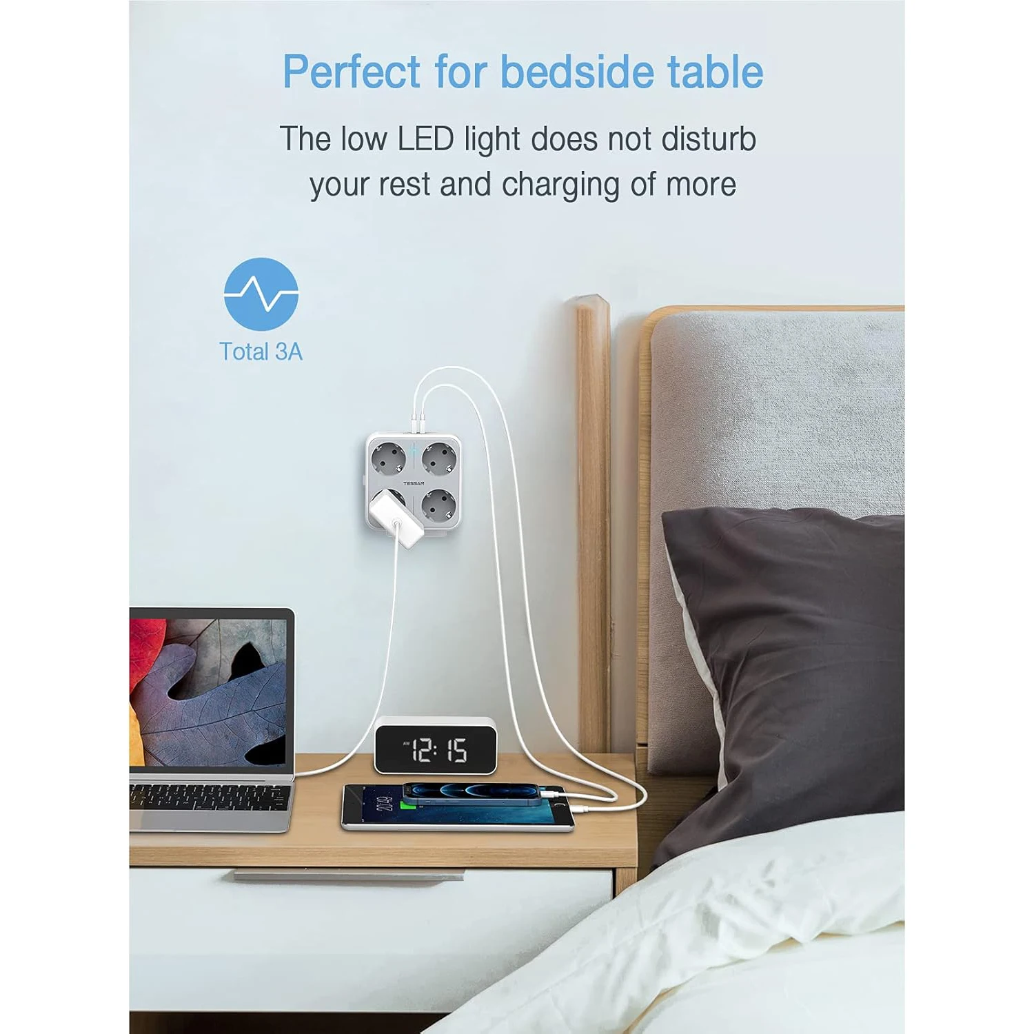TESSAN Tomada de parede múltipla com 3 tomadas CA 3 portas USB Adaptador USB 6 em 1 com proteção contra sobrecarga para smartphone tablet casa