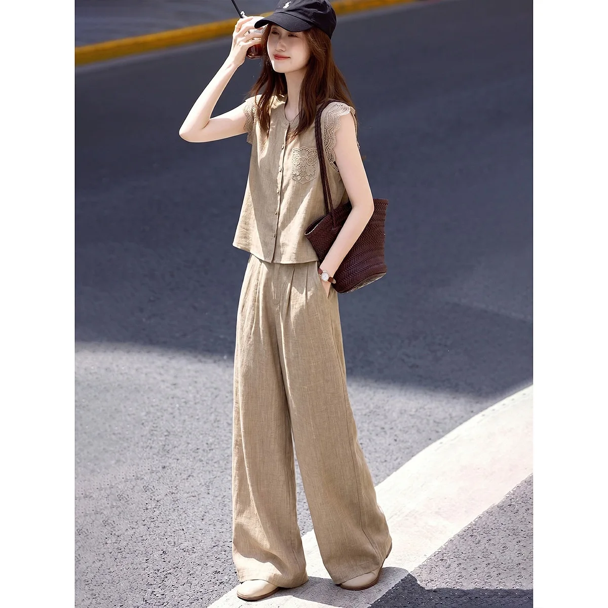 

Khaki Lace Trim Linen Vest Wide Leg Pants Set Sleeveless Embroidery Button Down Top High Waist Pleated Pants Women Casual Suits