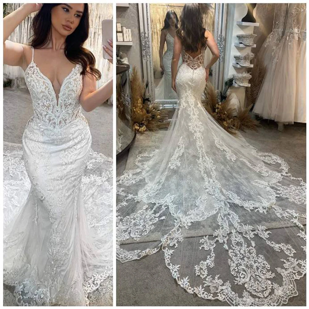 

ADLN Sexy Lace Mermaid Wedding Dress V Neck Spaghetti Straps Applique Illusion Open Back Long Train Vestido Bridal Gown