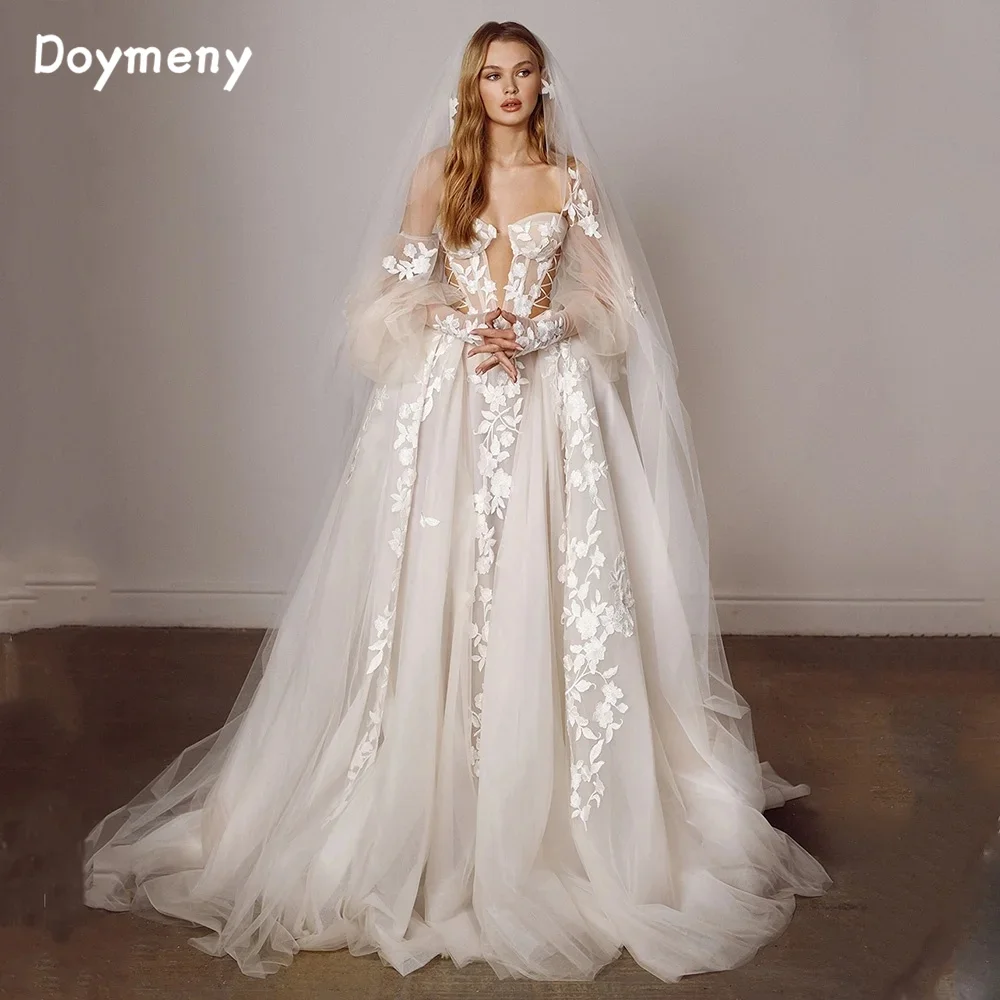 Doymeny Puff Long Sleeves  Bohemia Wedding Dresses Appliques Lace Off Shoulder A-Line Bridal Gowns Beach Boho Wedding Dress