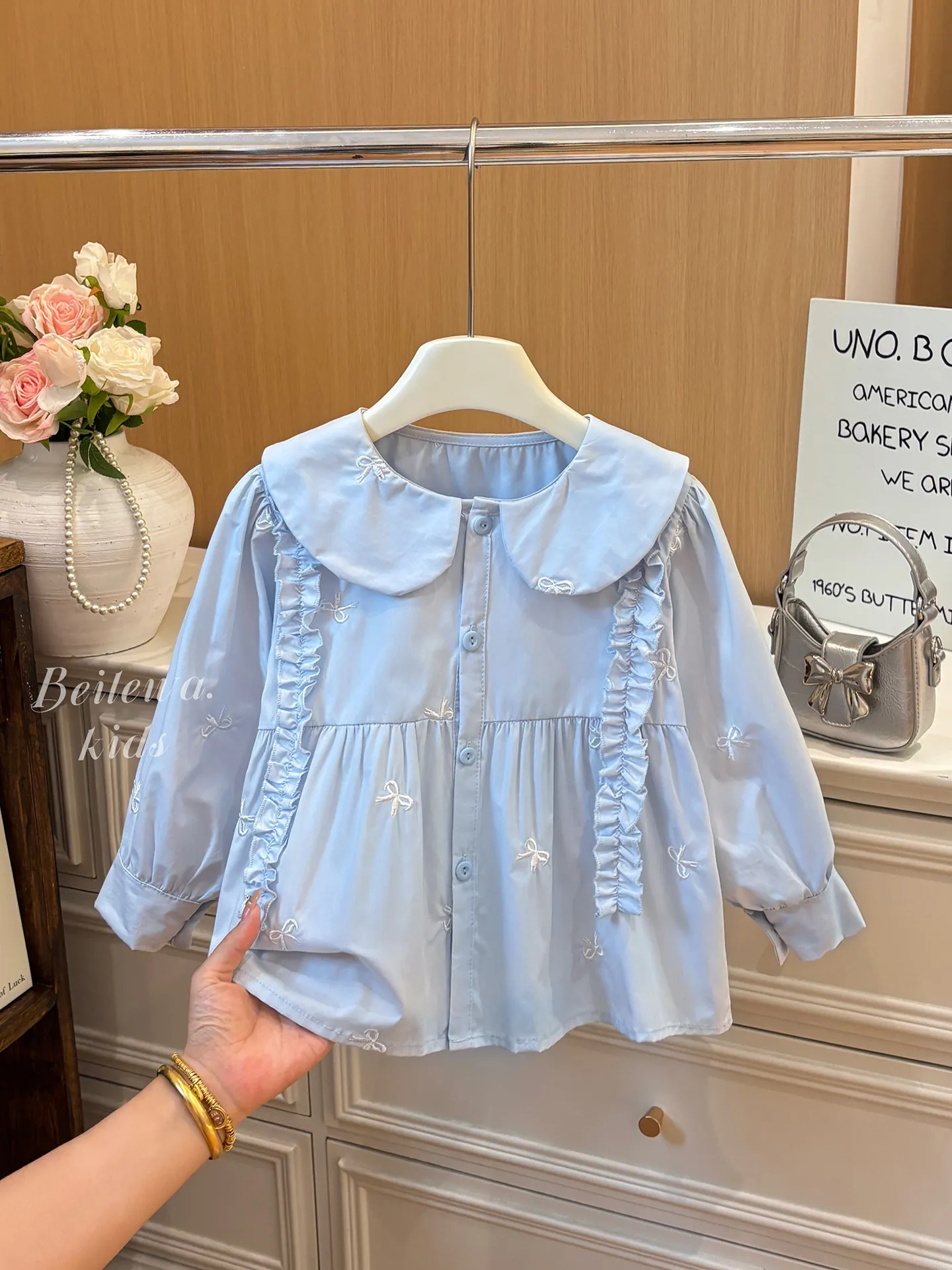 Girls Long Sleeved Cotton Doll Shirt with Fungus Edge Girls Treasure Shirt Spring and Autumn New Korean Version Sweet