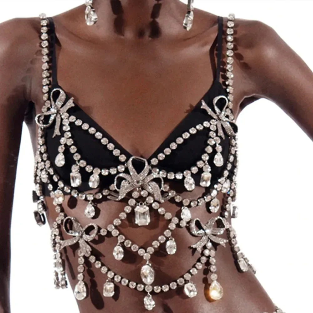XSBODY Charm Exaggerated Big Crystal Lingerie Chest Chain Water Drop Gem Rhinestone Bra Vest Chain Ladies Clubwear Jewelry