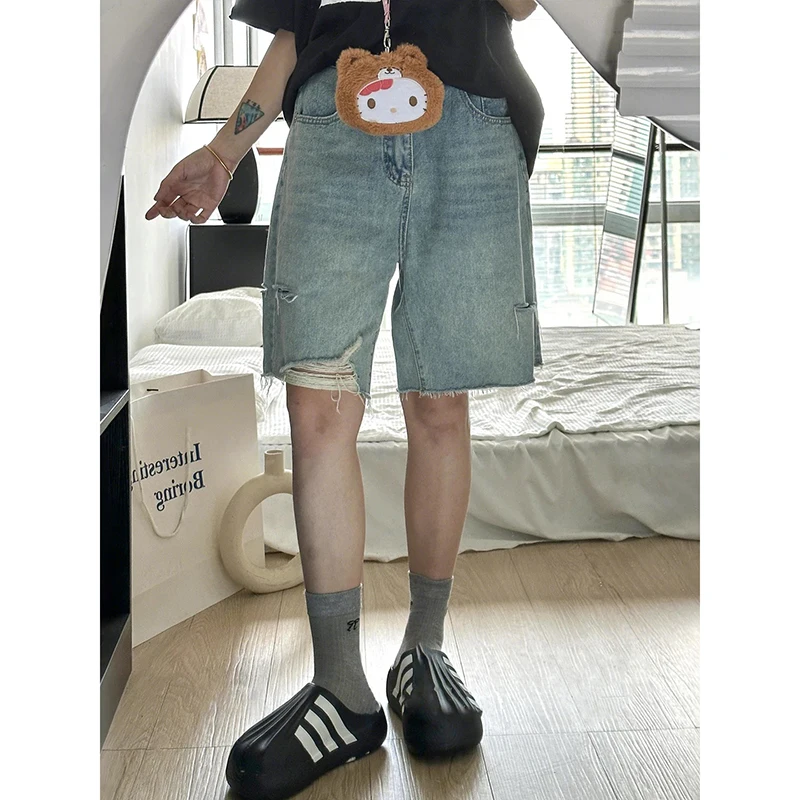 YIBASHU 2026 Summer Women American Retro Boyfriend Jorts Jean Shorts Ripped Denim Shorts Y2K 2000s Japanese Harajuku Blue Jeans