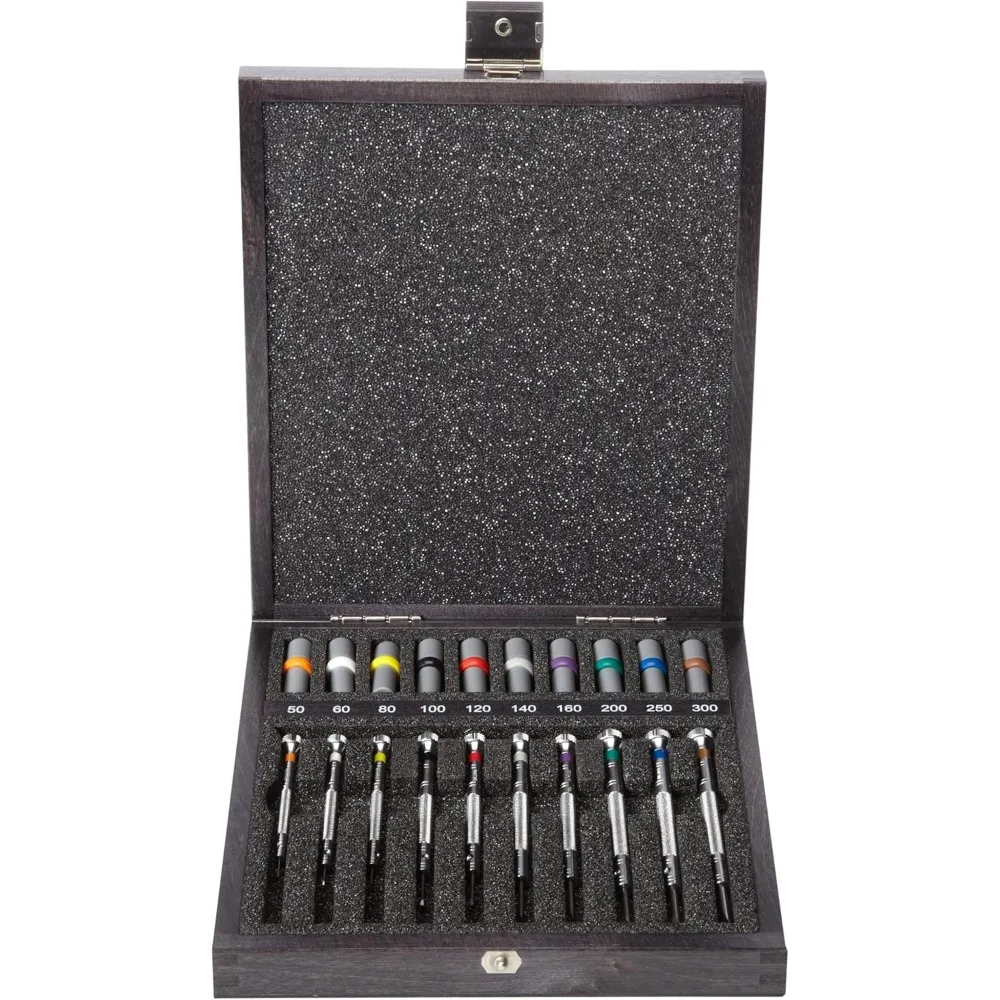 Bergeon 55-606 30080: Juego de destornilladores de 10 piezas con hojas de repuesto y tubos de almacenamiento en caja de madera para reparación de relojes