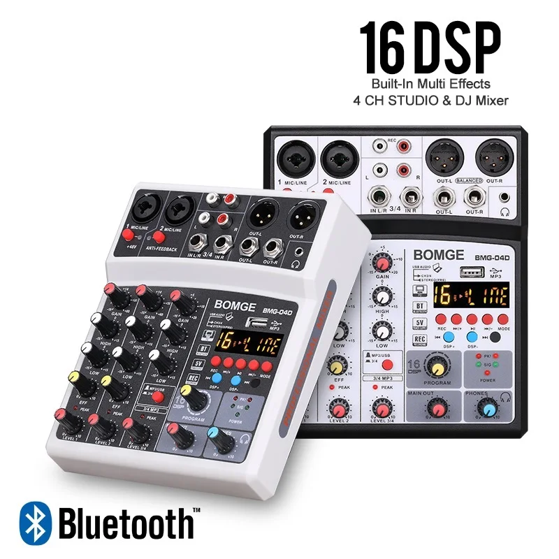 To 4 Channels Audio Sound Mixer Mixing DJ Console USB with 48V Phantom Power 16 DSP Effects