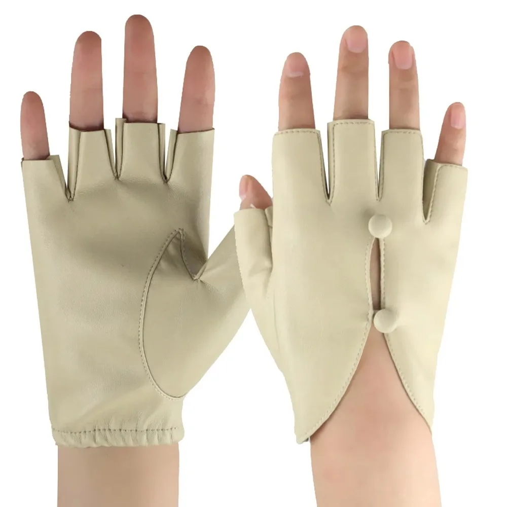 PU Leather Women Leather Gloves Anti-Slip Button Hole Half Finger Gloves Shock Absorption Breathable Leather Gloves