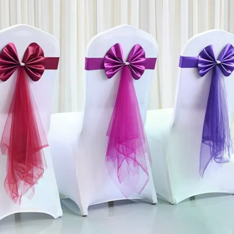 Chair Back Decoration Elegant Stretch Chair Bow Organza Ribbon Chair Decor For Birthday Hotel Wedding Accessories