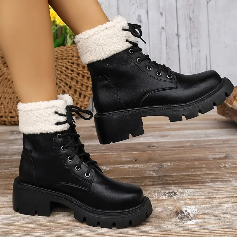 

Faux Fur Short Plush Ankle Boots for Women Lace-Up Non-Slip Snow Boots Woman Warm Pu Leather Warm Platform Botas Mujer