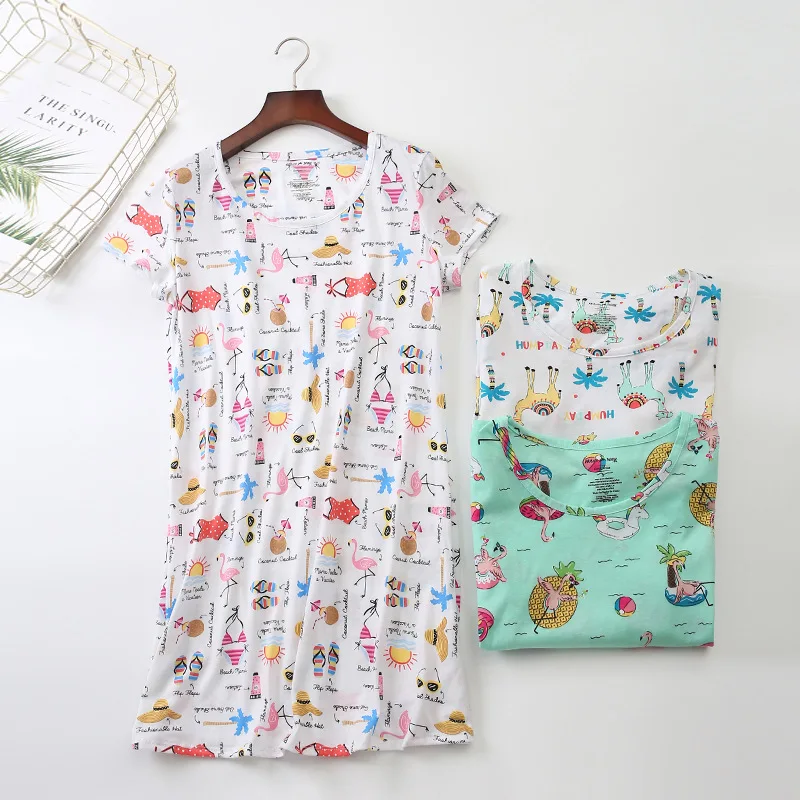 

New Knit Short Sleeve Nightdress Cute Cartoon Print Sleepwear EU Plus Size Homewear Dress