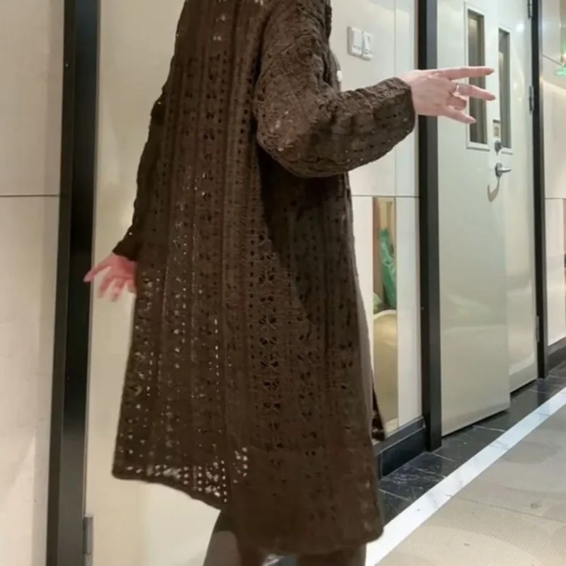 Women European Style Elegant Retro Hollow Out Hem Split Sweater Loose Mid Length Knitted Shirt Autumn Winter Fashion Dress