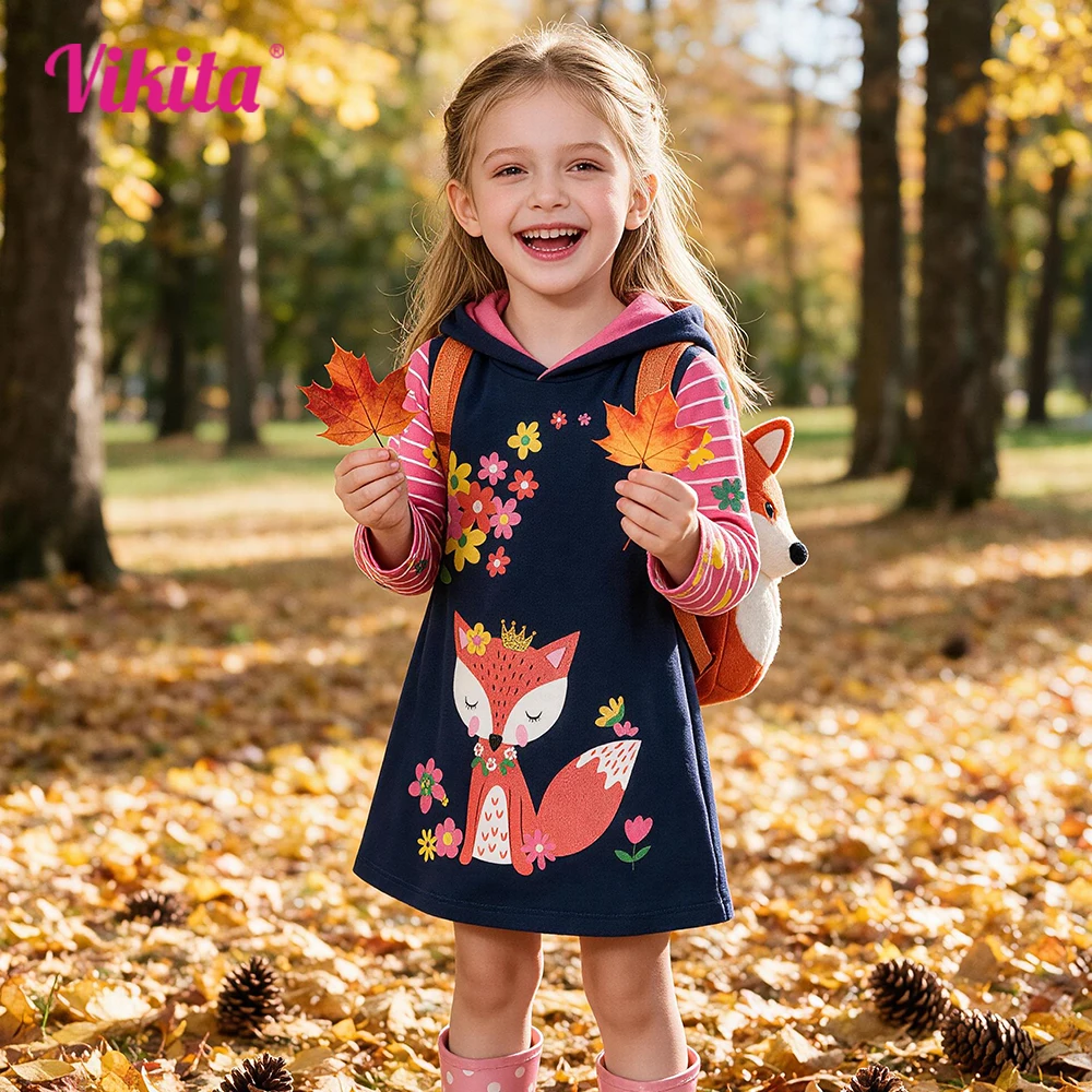 VIKITA Girls Hooded Dress Kids Autumn Winter Long Sleeve Thick Dress Girls Squirrel Flower Cotton Casual Hoodies Dresses 3-12 Y