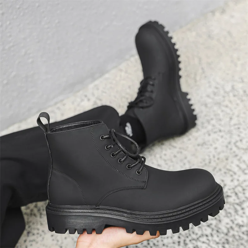 British style men's casual platform boots black matte lace-up natural leather shoes cowboy spring autumn boot trendy ankle botas