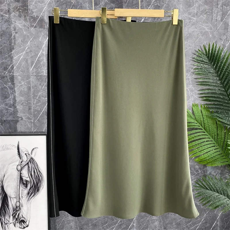 

Юбка-миди с высокой талией из ацетатной ткани, А-силуэт, однотонная, на молнии, с эффектом «рыбий хвост», для офиса и повседневной носки