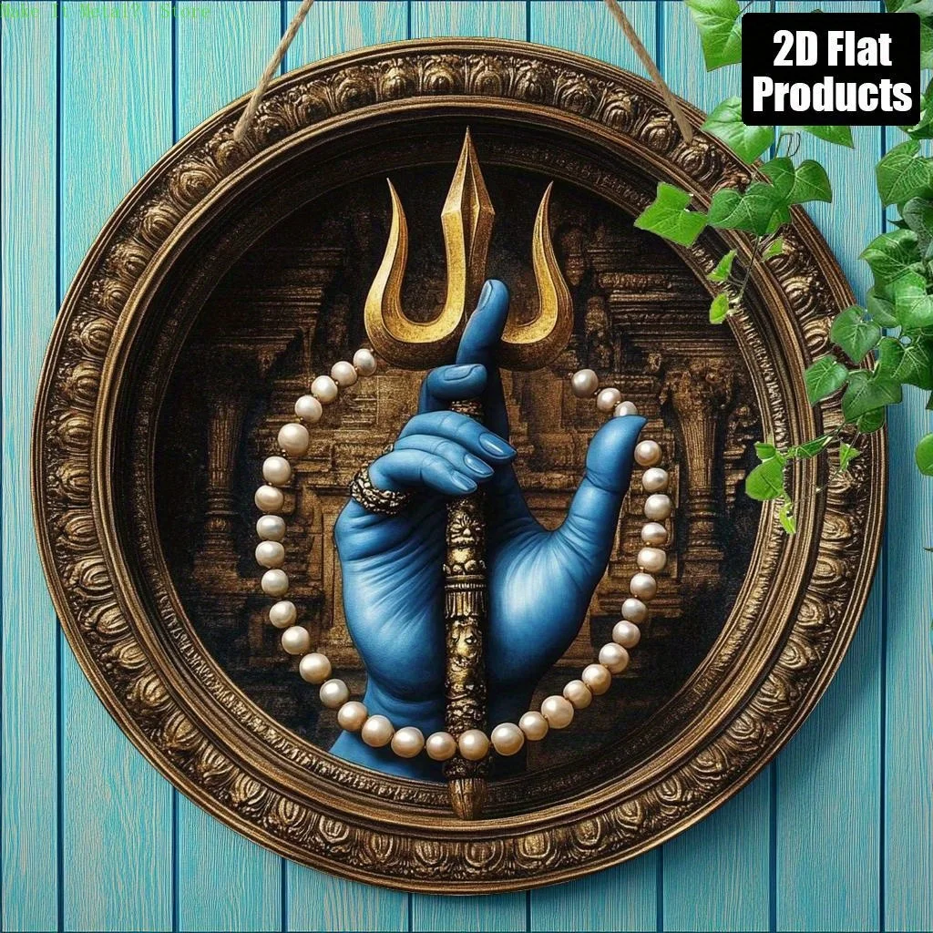 Hindu Lord Shiva Trishul Round Tin Sign, 2D Flat Printing Religious Metal Wall Plaque, Spiritual Decor for Home, Temple, Meditat