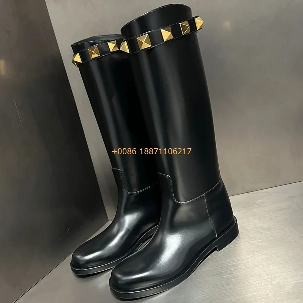 

Genuine Leather Sexy Rivet Boots 2024 New Fashion Women's Casual Knee-High Boot Round Toe British Style Belt Buckle Knight Boots