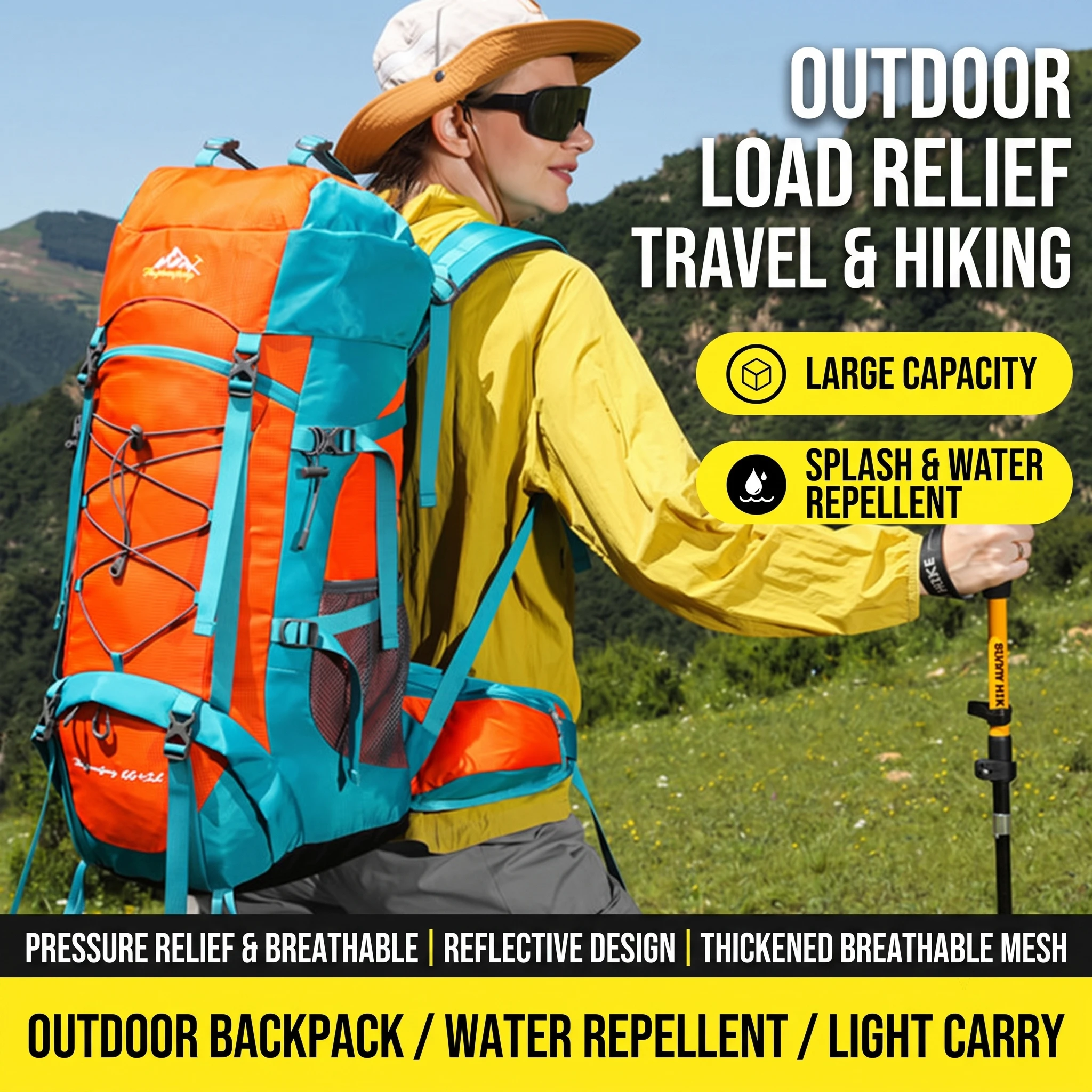 60+5L Hiking Backpack Waterproof Oxford Large Capacity Travel Bag for Men Women Laptop Sleeve & Rain Cover for Camping Trekking