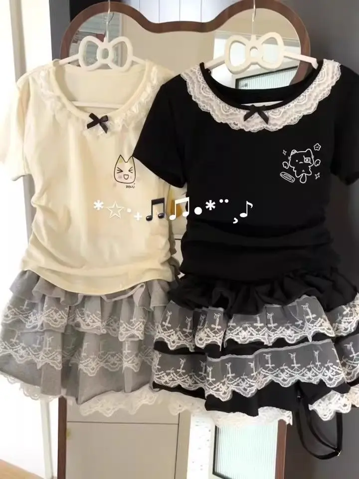 Neue Subkultur Y2k Zwei Stück Set Frauen Punk Dark Nette Tops + Spitze Mini Röcke Anzug Harajuku Japanischen Kawaii Design outfits 2025