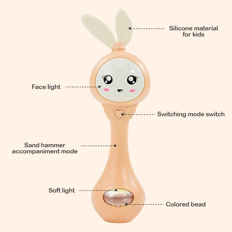 Baby Rabbit Hand Ringing Bell Toy 0-1 Year Old Baby Music Rhythm Stick Early Education Puzzle with Light Teeth Grinding Stick