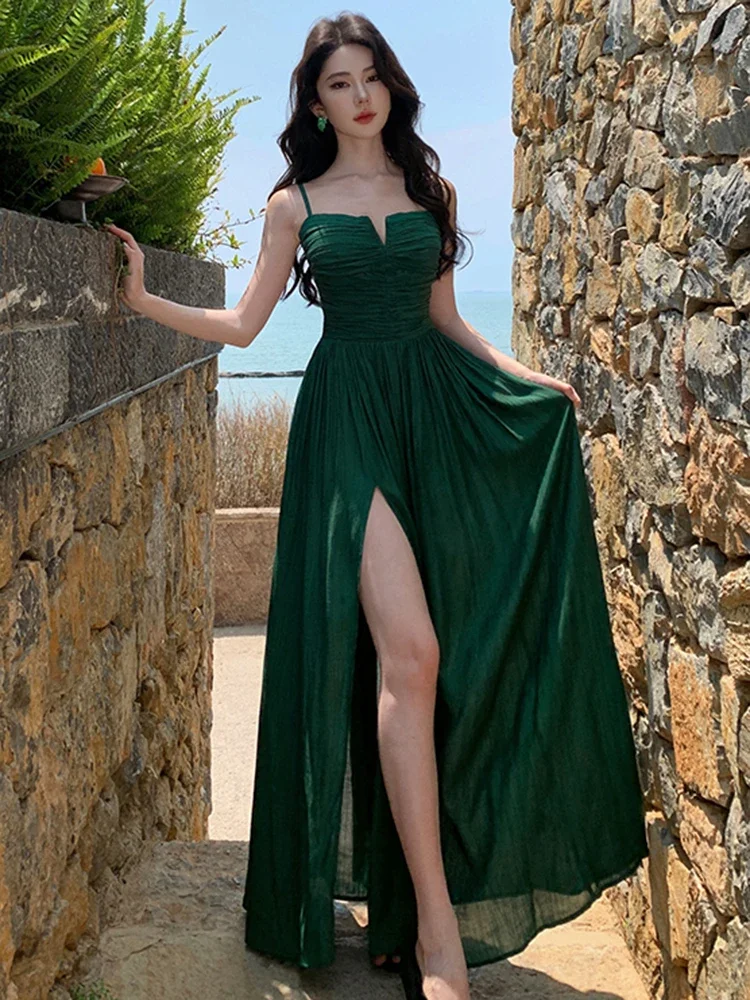 

Hollow Out Split Sexy Dress Women Bandage Backless V Neck Summer Beach Long Dress Vacation Sleeveless Camisole Hotsweet Dress