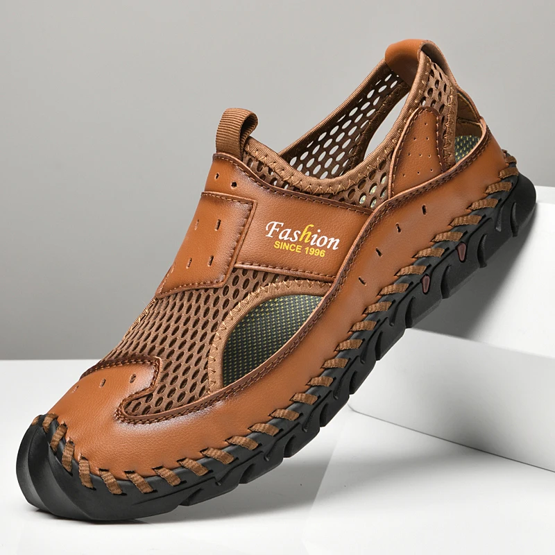 Sommer-Sandalen, atmungsaktive Herrenschuhe, Leder und Mesh, Outdoor-Herren-Sandalen, rutschfeste Strand-Sandalen, hohle flache Schuhe, handgefertigt, neu