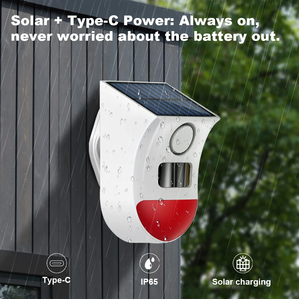 Solar PIR-sensoralarm met Tuya APP WiFi draadloze buitensirene Waterdichte inbraakbeveiliging Strobe Sirene App Afstandsbediening