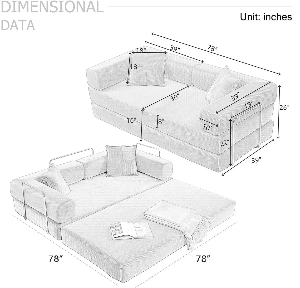78 Inch Folding Sofa Bed, Corduroy Loveseat Sleeper with Pull Out Bed, Fixed Frame, Modular Floor Futon for Living Room Bedroom,