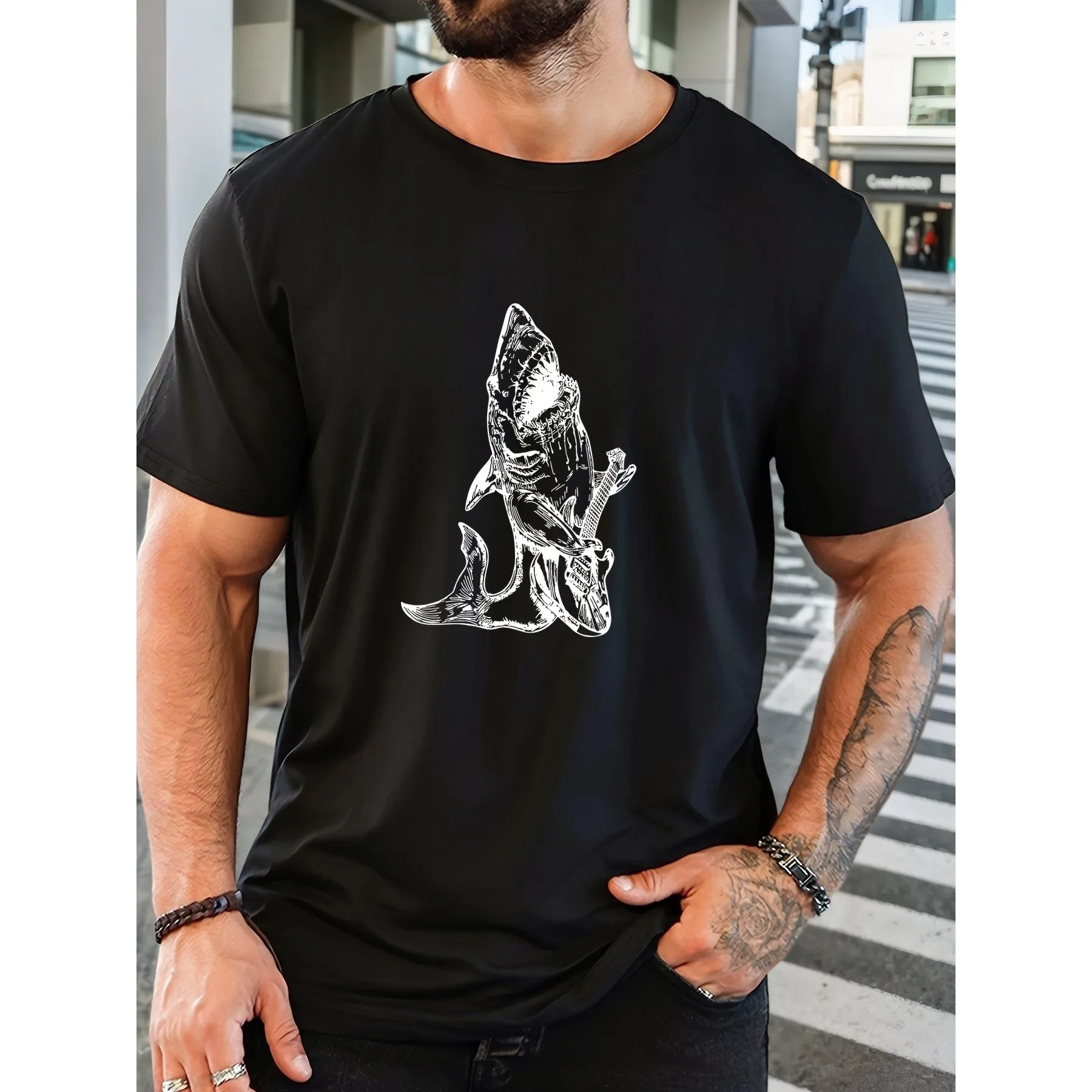 Shark Playing Guitar Graphic Tee Men's Summer Casual Crew Neck Short Sleeve T-Shirt