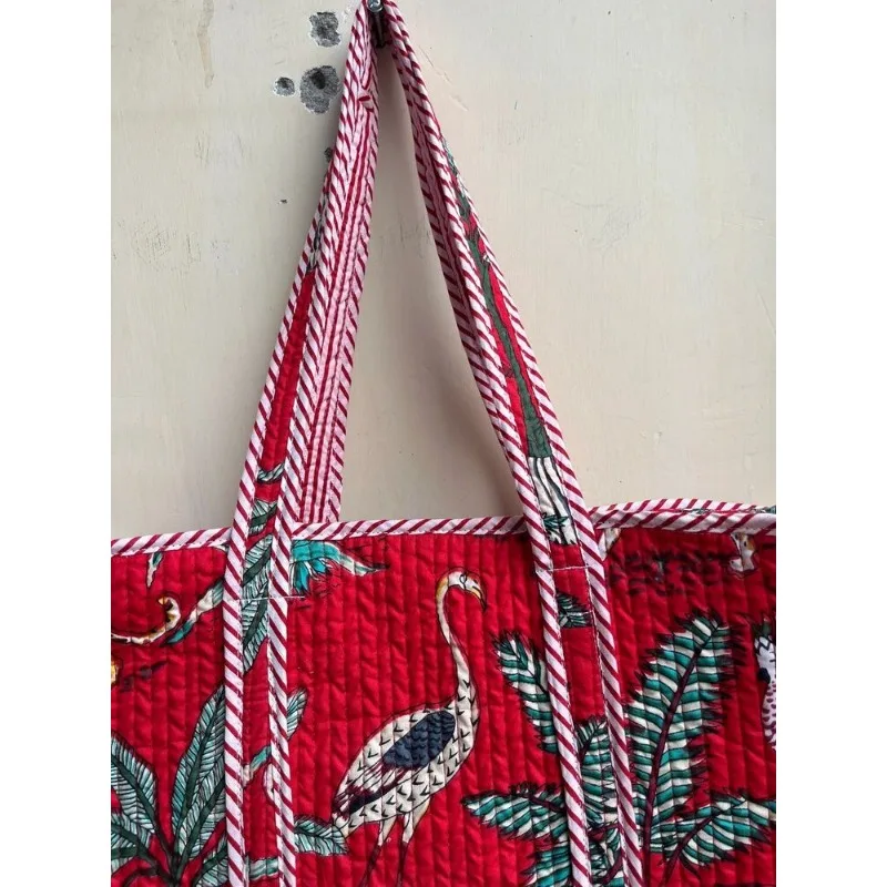 Indian Red Tiger Printed Quilted Shoulder Bag Women's Beach Cotton Handbag