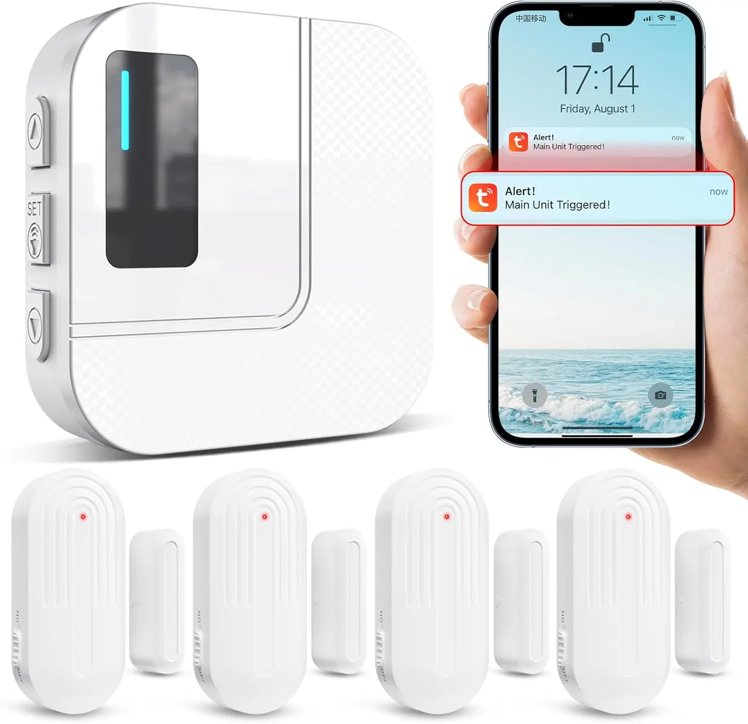 

WiFi Door Chime Alert Phone, 100FT Range, 20 Ringtones, 4 Sensors 1 Receiver for Home/Office Security